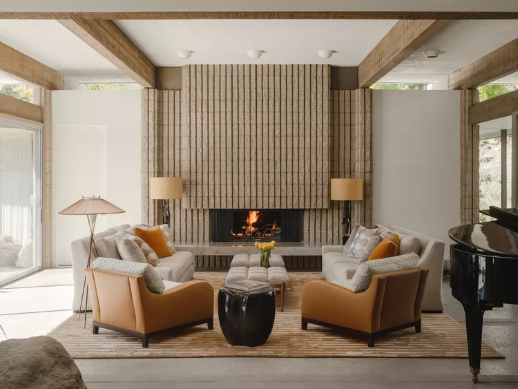 living room with beige walls and natural wood tones