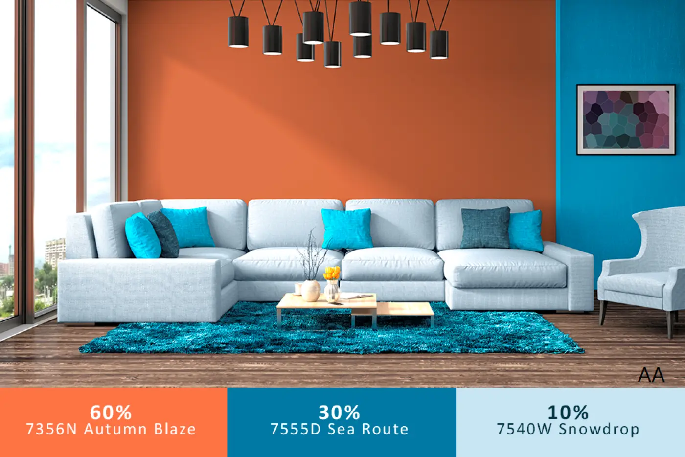 Best color combination for living room follows the 60-30-10 principle of interior design