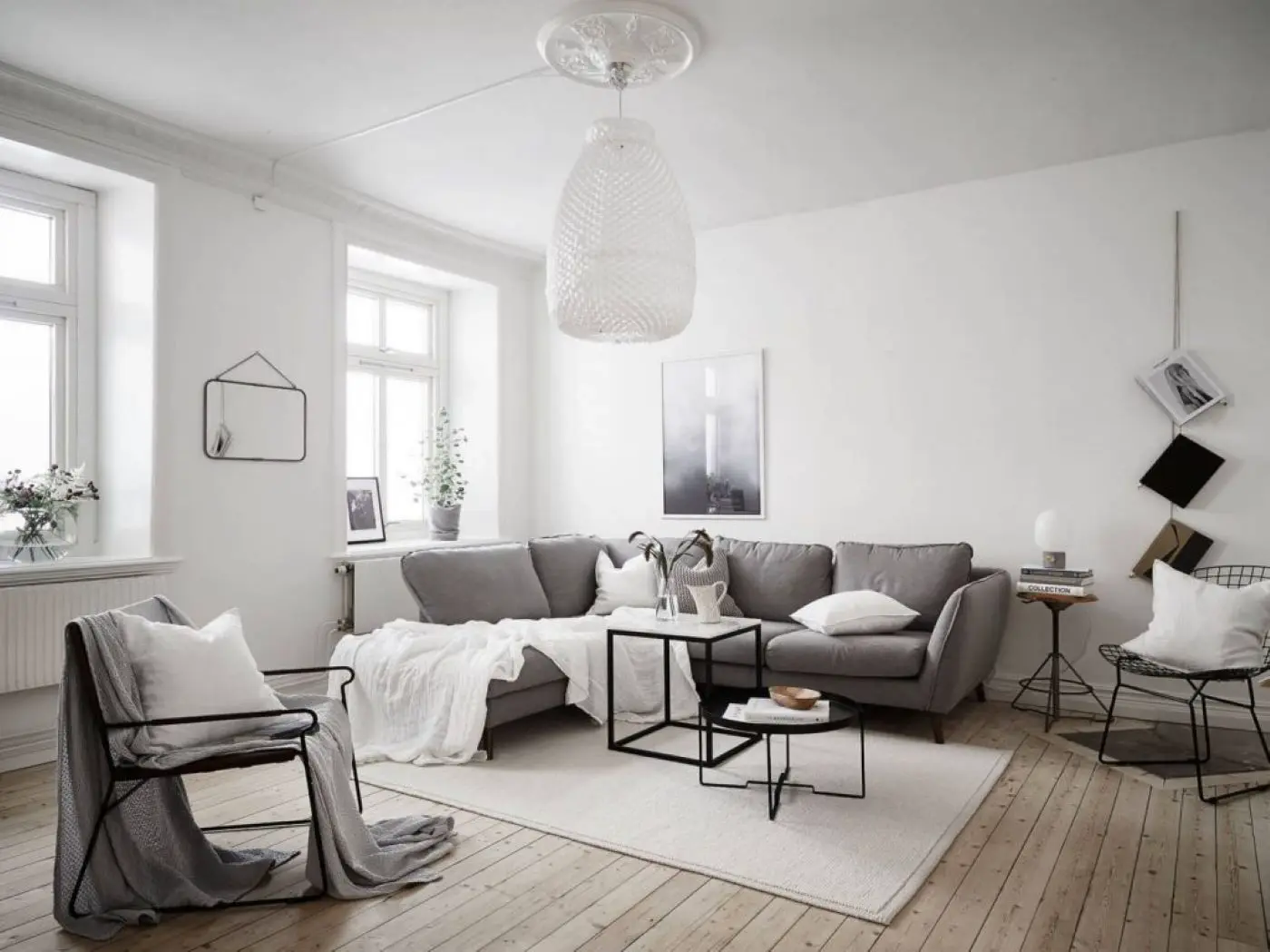 White fur rugs for a Scandinavian style living room