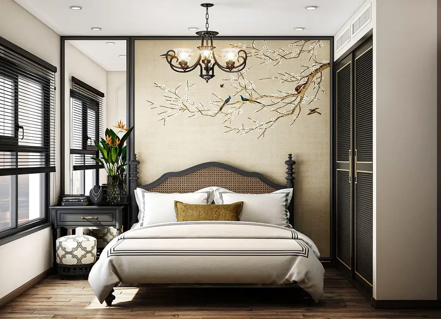 Using wood materials in the Indochine style bedroom